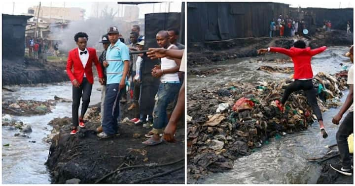 Bahati Jumps over Open Sewage in Nairobi Slum as He Campaigns for Mathare MP Seat