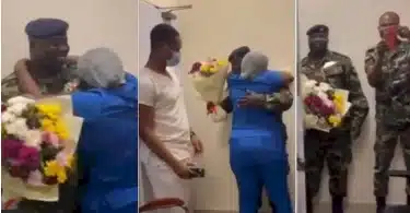 Nurse screams in joy as her soldier lover shows up unannounced at her workplace, and gifts her flowers (Video)