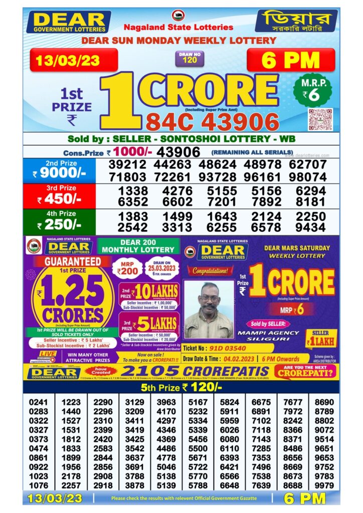 Nagaland State Lottery Today 2023 Result 13/03/2023, 1 PM, 6 PM, 8 PM