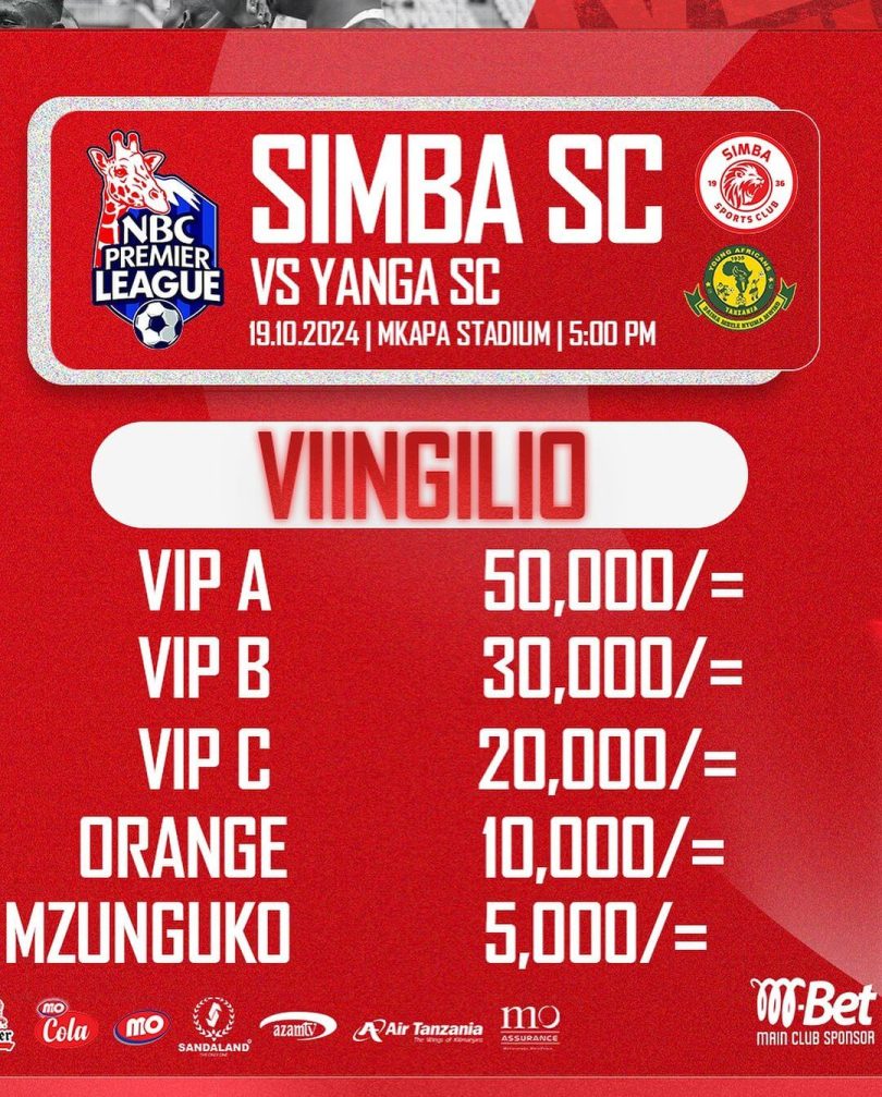 Tiketi - Viingilio Vya Mechi ya Simba Vs Yanga 19 Oktoba 2024